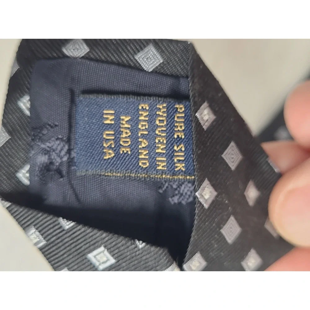 Brooks Brothers Makers Silk Tie Black‎ Silver Geometric Square Woven England USA